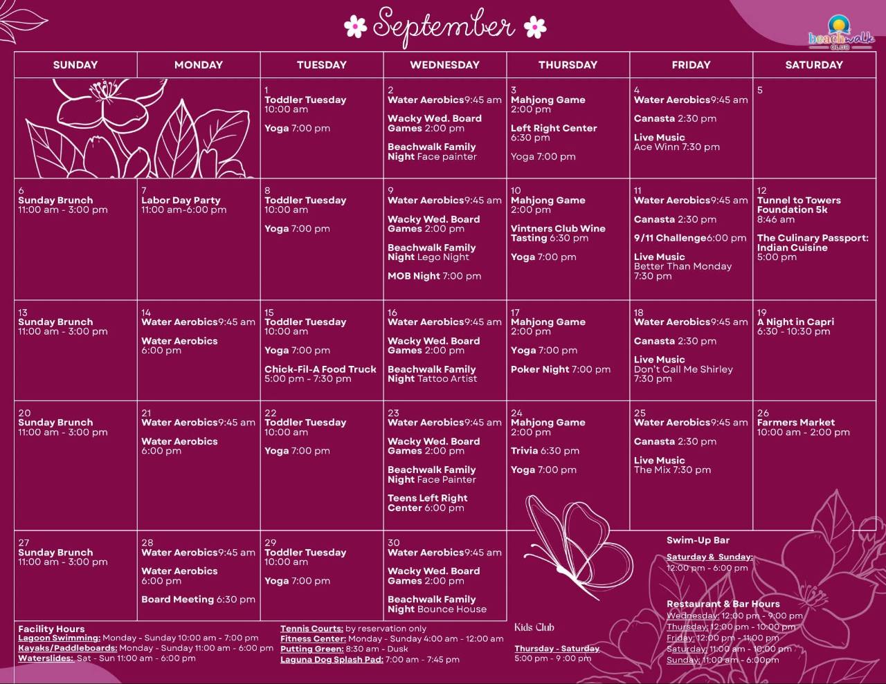 Beachwalk Club September monthly events calendar